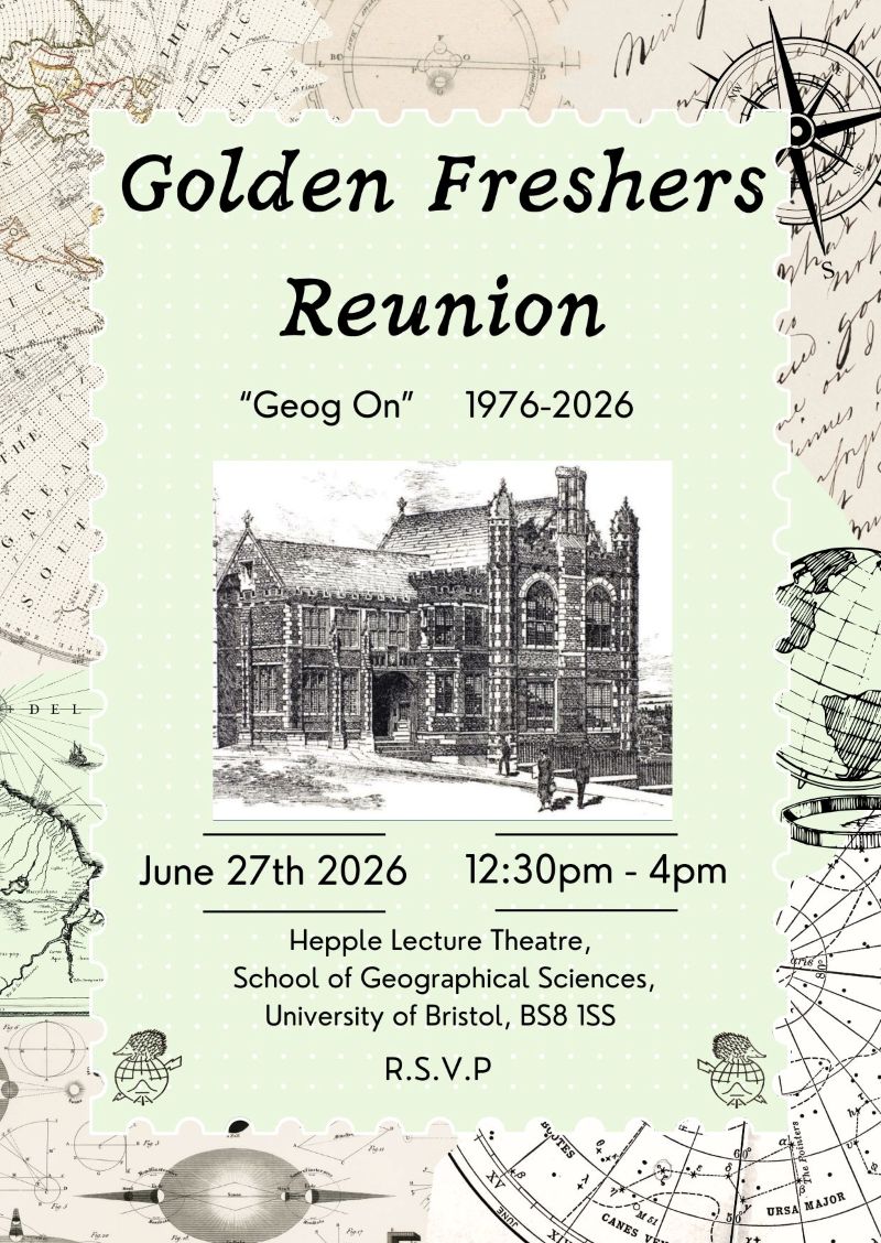 A flyer with a line drawing of the geography department and the words: Golden Freshers Reunion, 